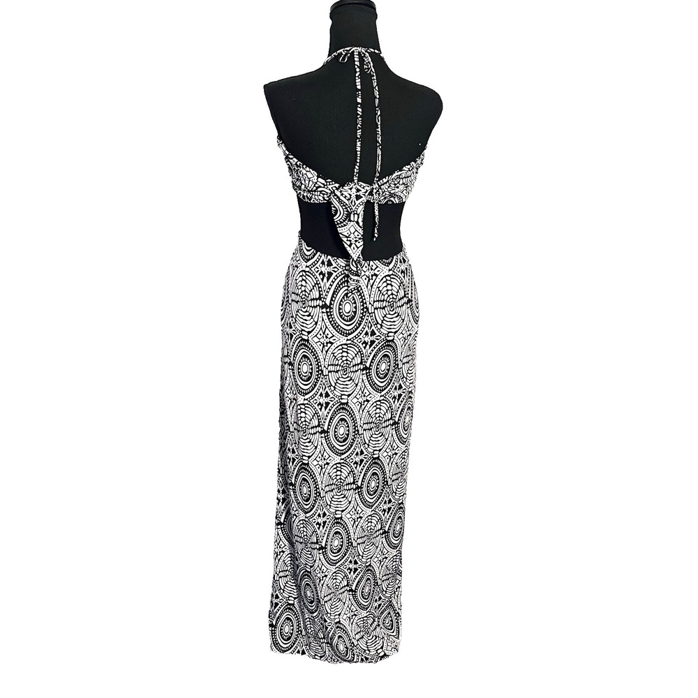 Y2K Abstract Print Halter Maxi Dress‎ Women's L Cutout Back Stretch Boho